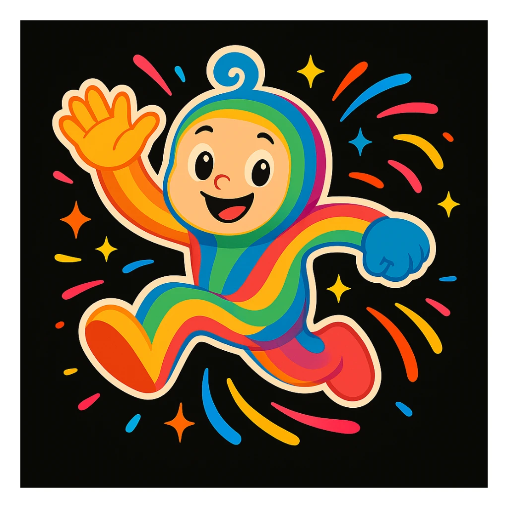 Replace the mascot in this image with the same unified mascot character used in the other two images. Maintain the colorful motion lines, sparkles, and dynamic accents to keep the playful, energetic, and imaginative vibe suitable for a black website background. sticker