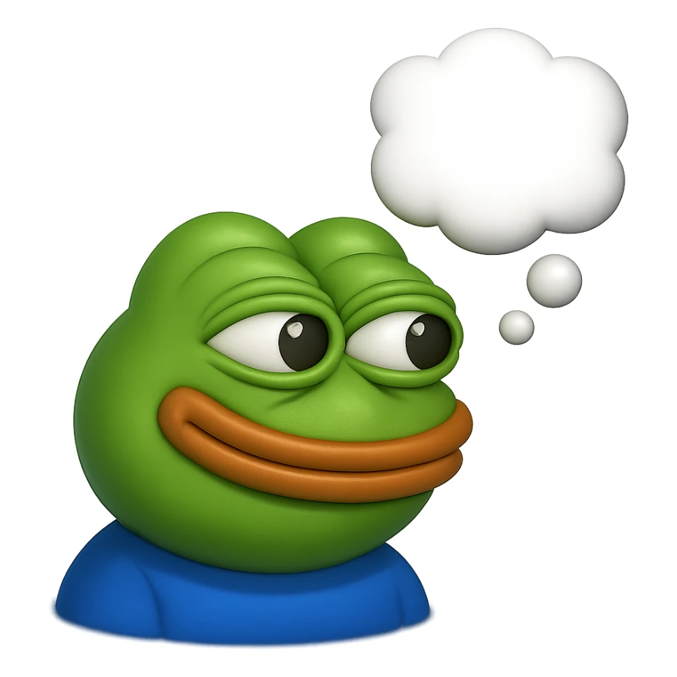 make a pepe in bright green smiling with thought bubble looking at right side in 3d style, good highlights and shadows, drop shadows sticker