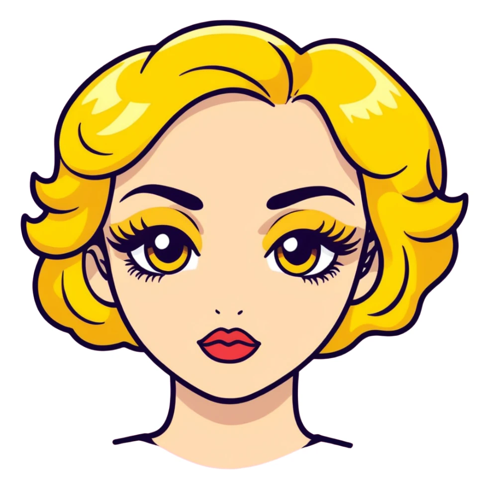 sassy yellow emoji face with long curled eyelashes, thick glossy lips, smirking expression, dramatic eyeshadow, side-eye look, bratty attitude, vibrant toon style sticker