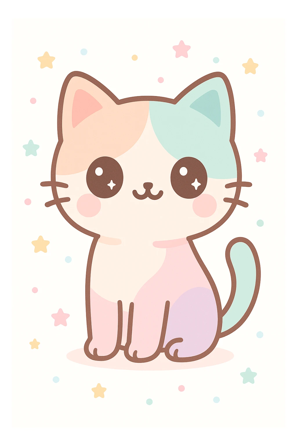 Create a cute pastel cat with big eyes, standing pose, in kawaii style, suitable for Redbubble products. sticker
