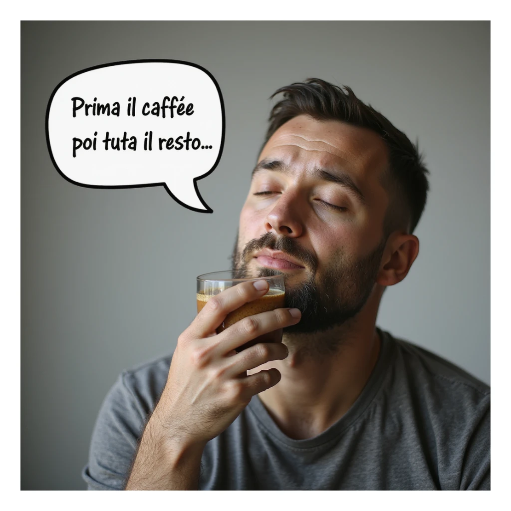 hyperrealistic 4K man isolated on white background with a speech bubble saying 'Prima il caffè, poi tutto il resto', sleepy expression, realistic details sticker