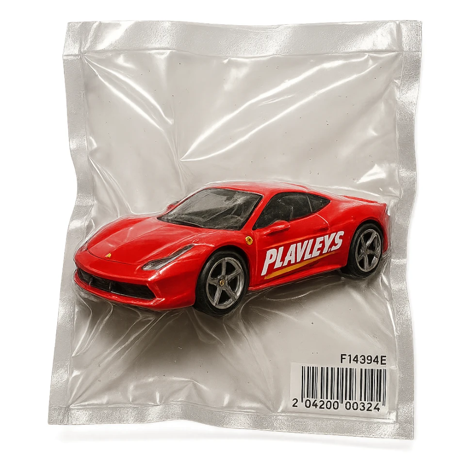 red Ferrari in Hot Wheels packaging, 'PLAVLEYS' written on the side in dynamic racing font, glossy, vacuum-sealed style sticker