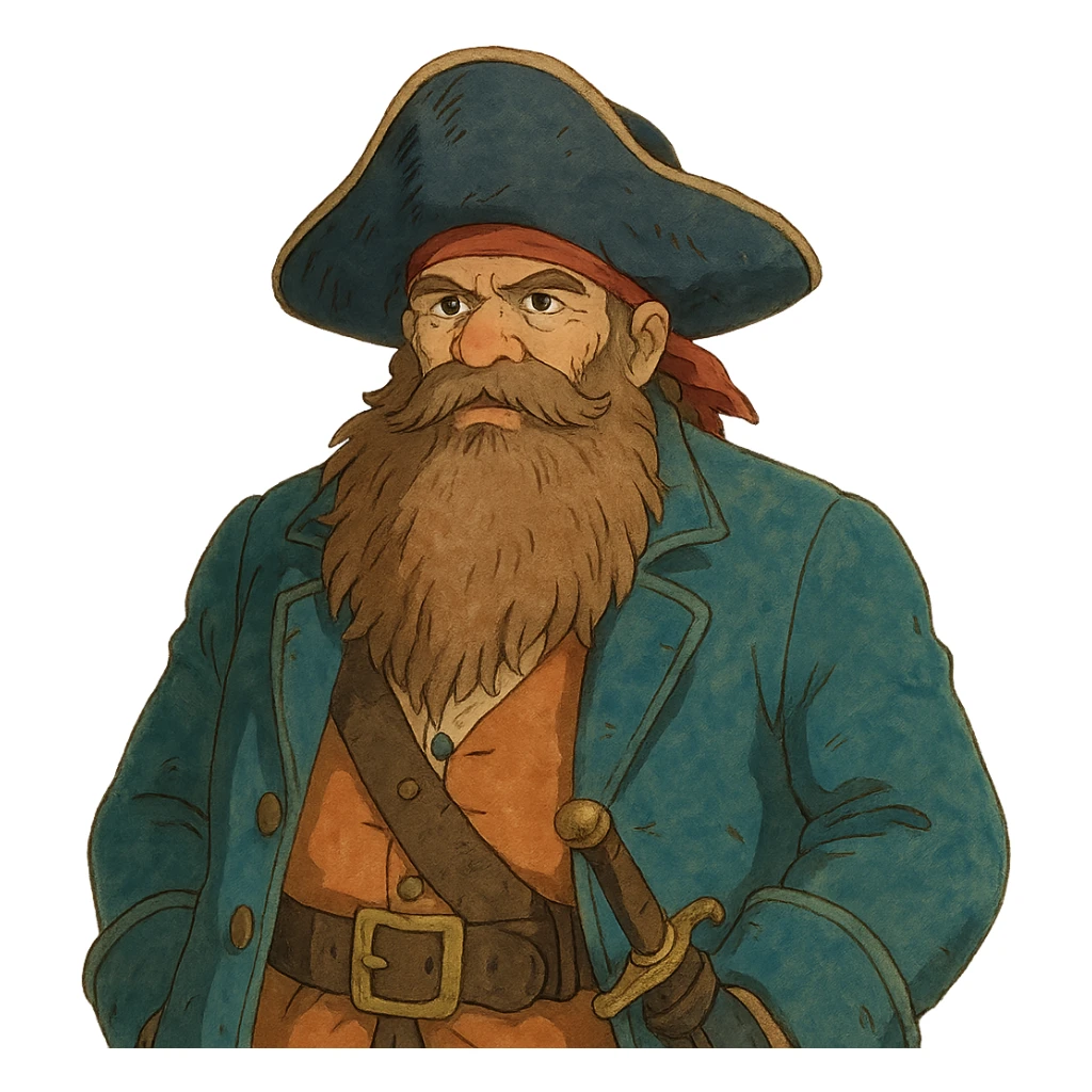 A pirate with a long beard, soft and detailed animation sticker