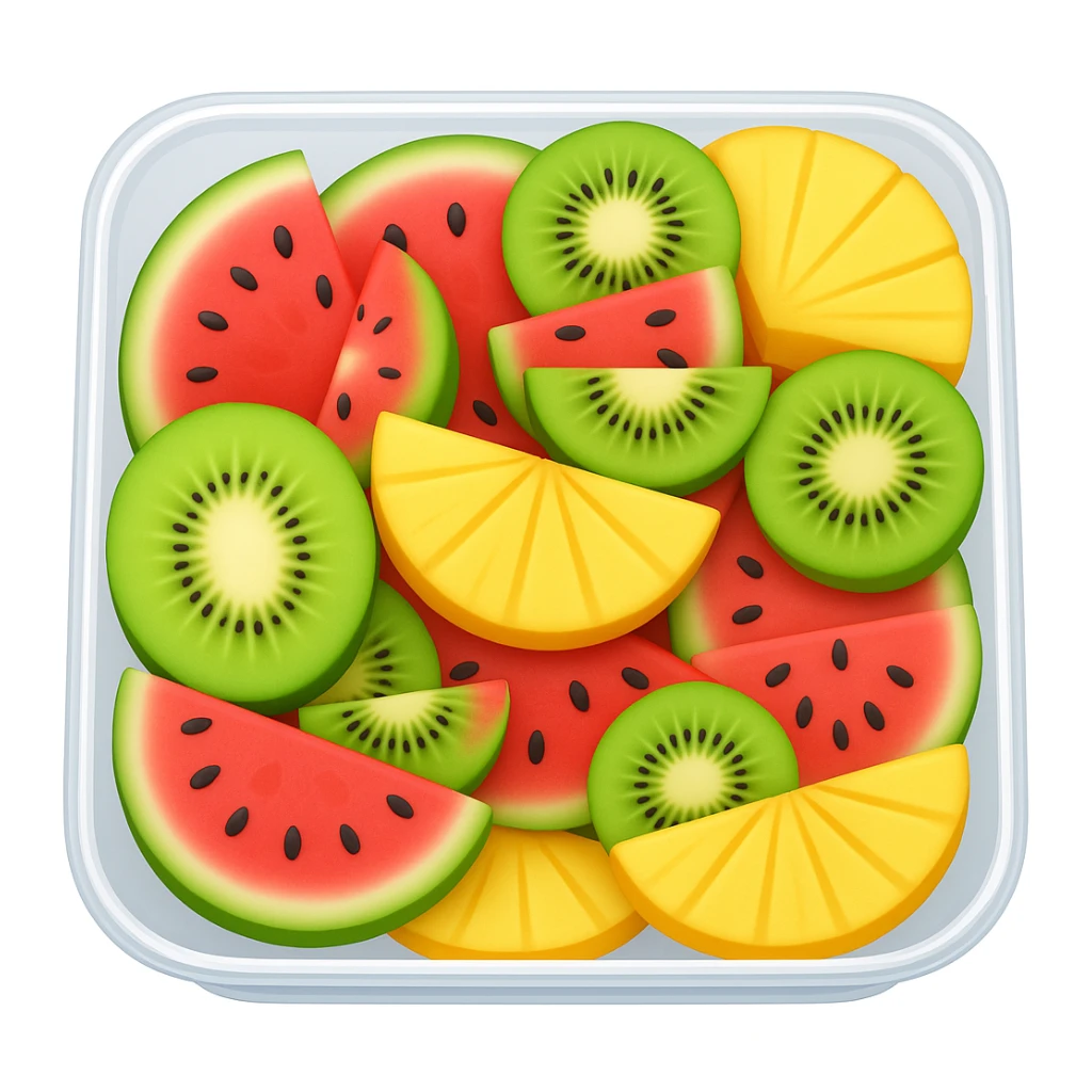 Change the box to a transparent container, keep the fruit platter arrangement the same, in the style of emoji (apple style emojis). sticker