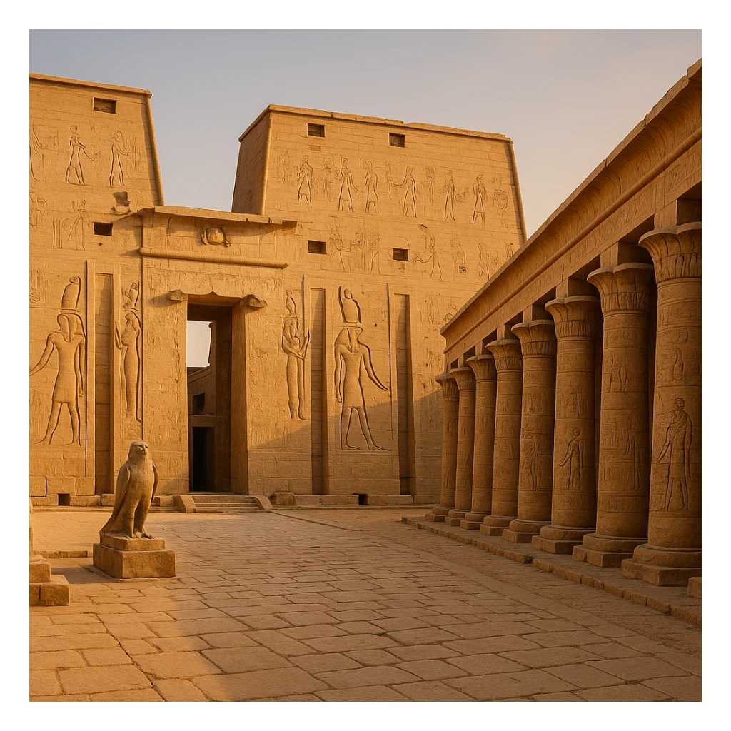 Edfu Temple in Egypt, ancient Egyptian architecture, sandstone columns, hieroglyphics, falcon motifs, iconic pylon entrance, warm desert colors sticker