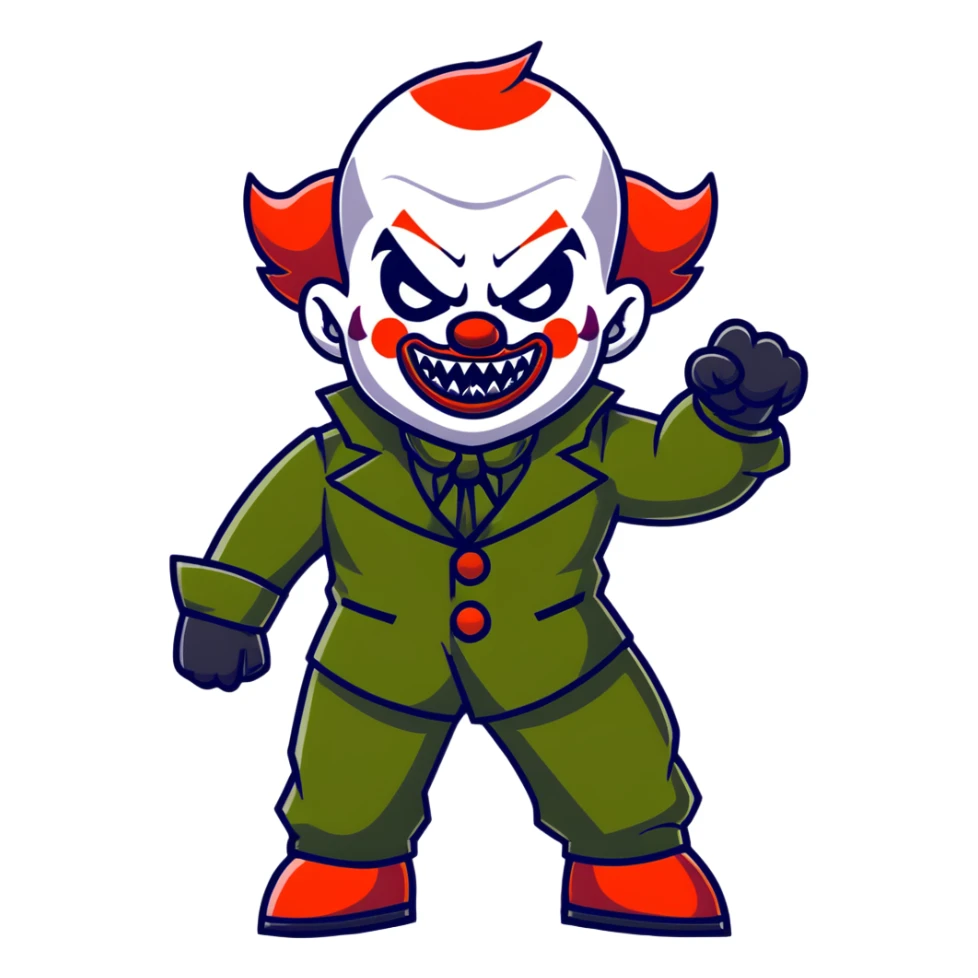 evil clown warrior, bald, small black satan-like horns on forehead, fangs, pointed ears, eye patch over one eye, black and military green leisure suit with bellbottom pants, realistically proportioned, less bulky, full body, battle-ready fighting posture sticker