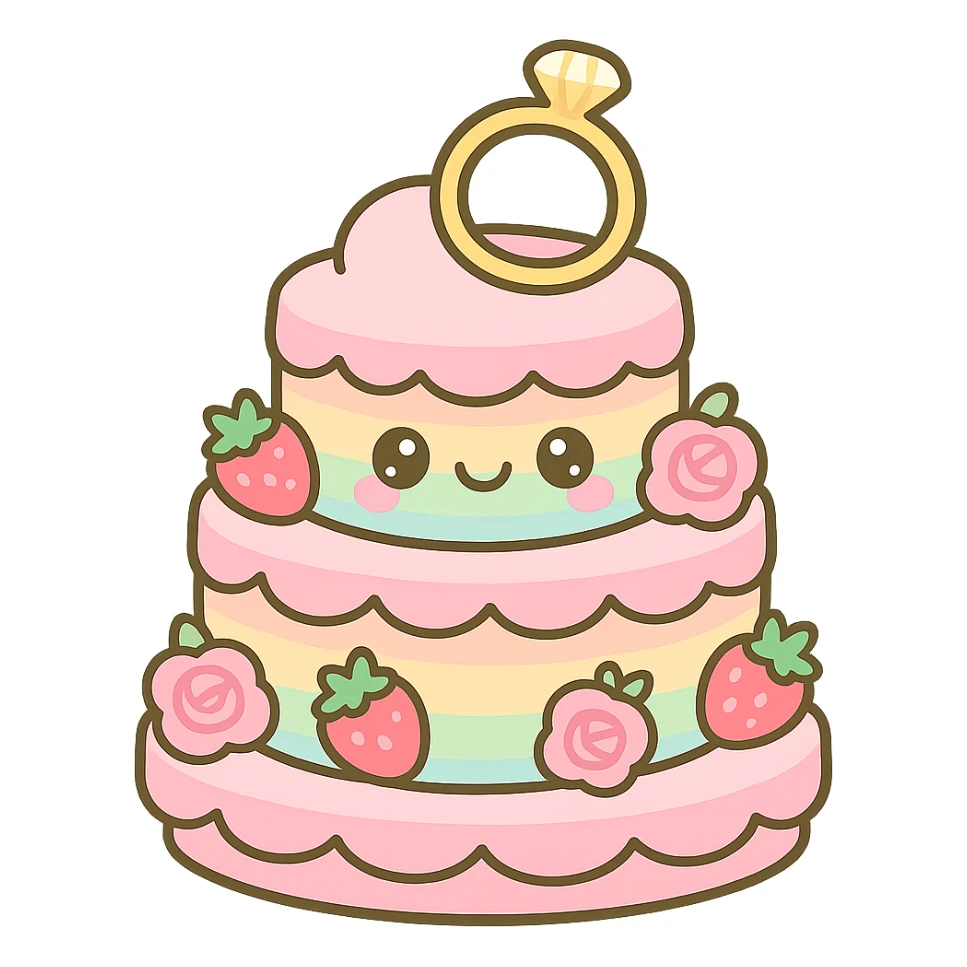 pastel rainbow wedding cake with strawberries, pink roses, gold ring topper, kawaii style sticker