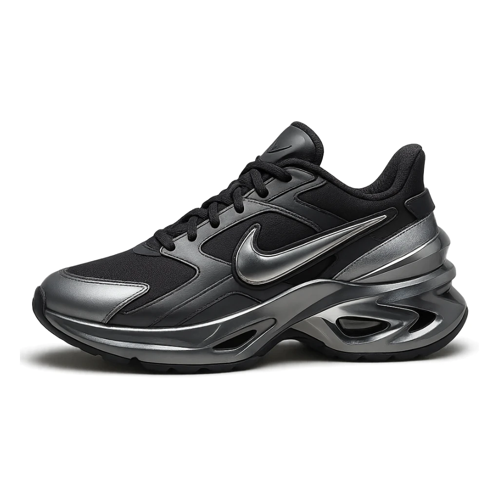 Nike sneaker, futuristic design, metallic accents, unique silhouette, minimal background sticker
