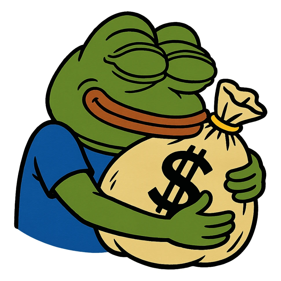 Pepe the Frog hugging a large money bag, content face sticker