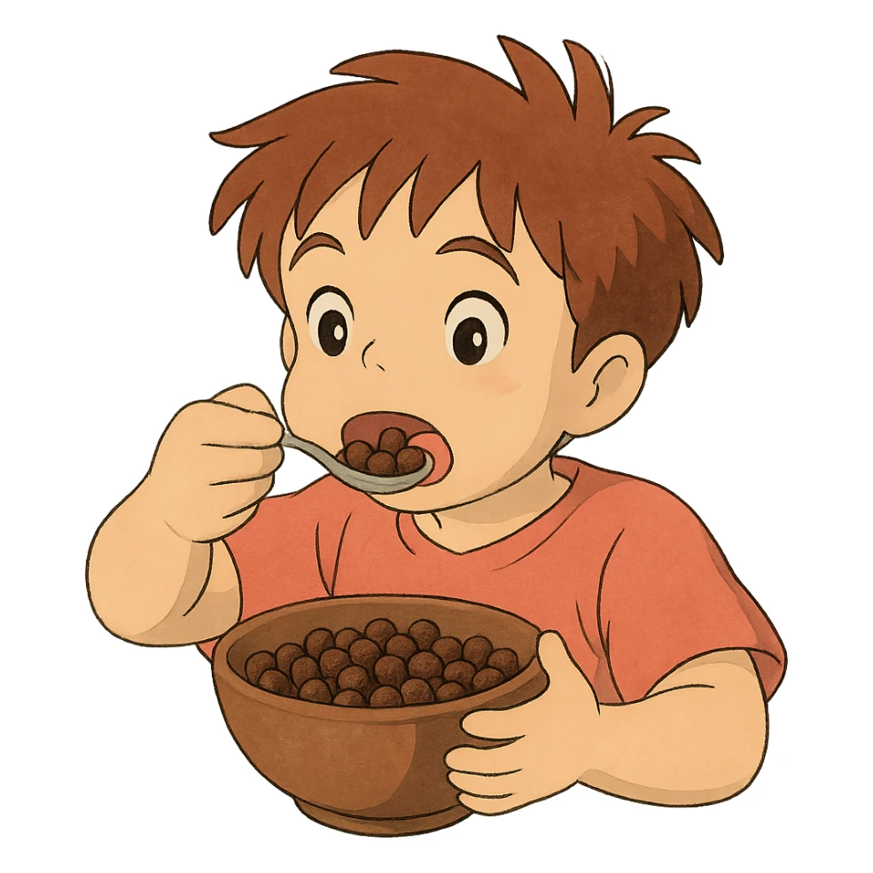 ghibli style kid eating a bowl of chocolate cereal, no background sticker