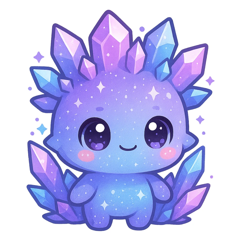 kawaii chibi crystal sprite creature, purple, blue, and pink, cute and sparkly, small body sticker