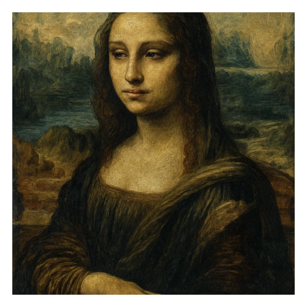 Mona Lisa in an oil painting style, thoughtful and dreamy expression, rich textures and brushstrokes sticker