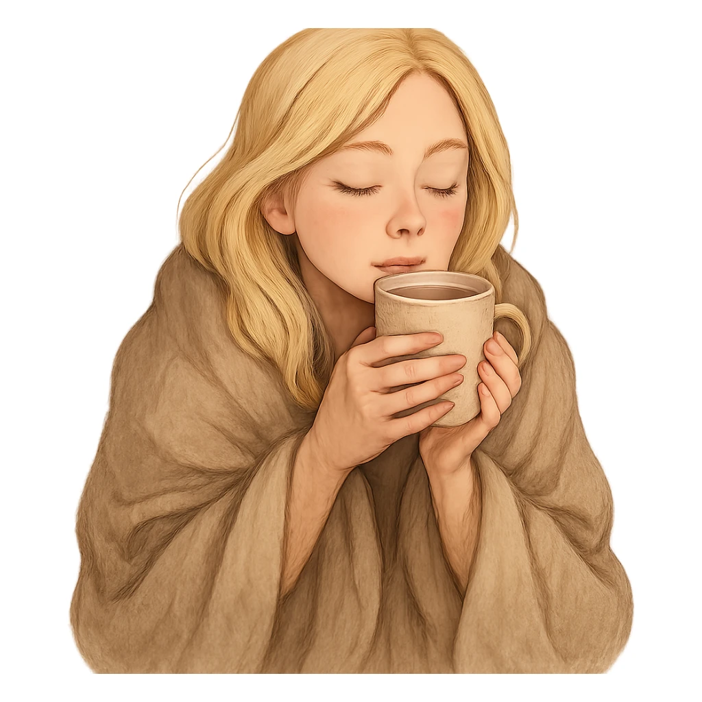 blonde girl cozy in a blanket, sipping coffee, eyes closed, enjoying warmth sticker