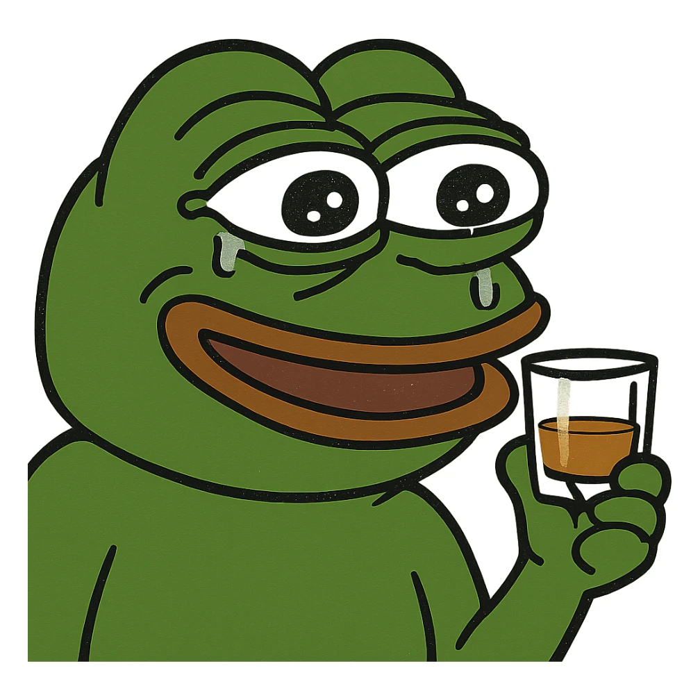 Pepe the Frog celebrating with a whiskey glass, pepe meme style sticker