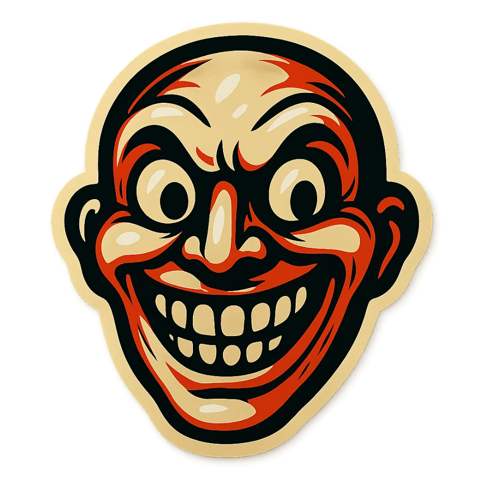 scary smiling creepy face, retro stickers style, sharp black outlines, simple but detailed drawing, expressive shadows and highlights, no gradients, only sharp color transitions sticker