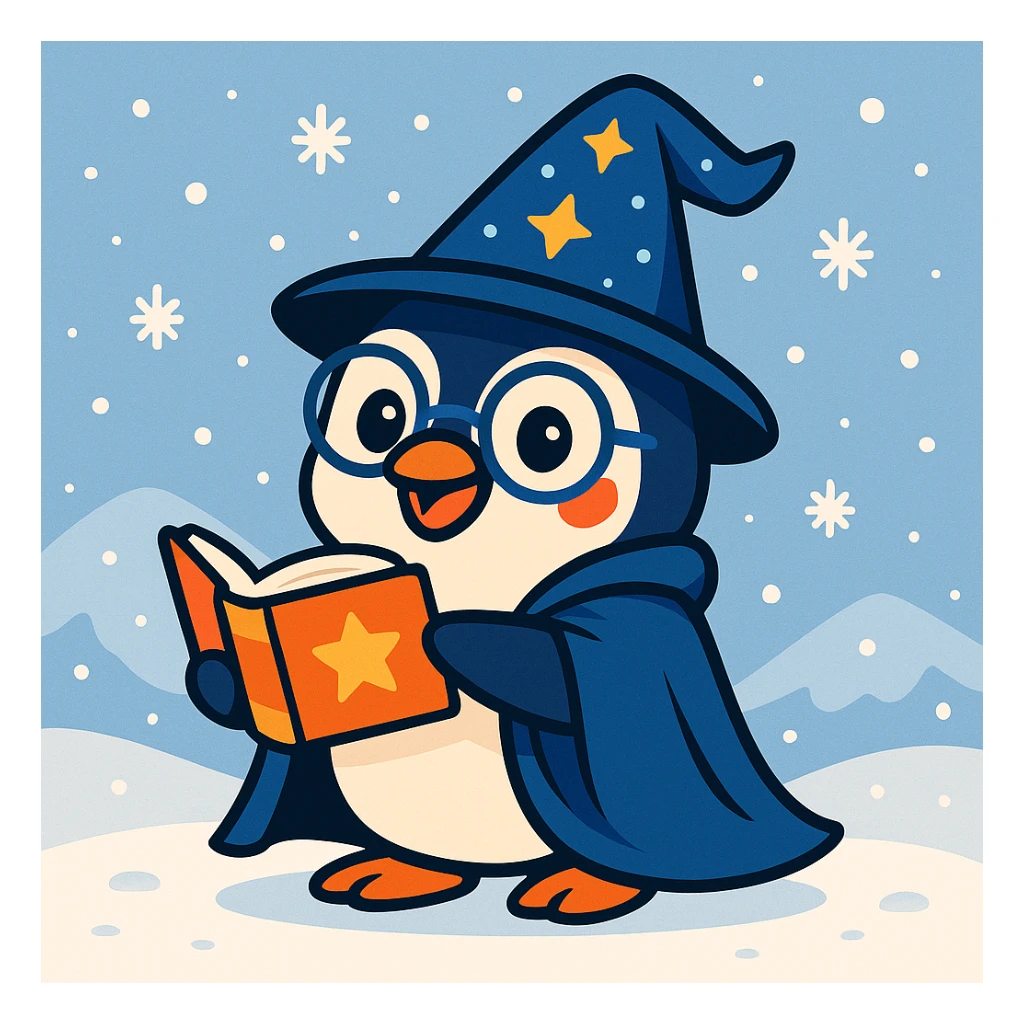 Add a snowy background behind the playful penguin wizard, keeping the fun and friendly style. sticker