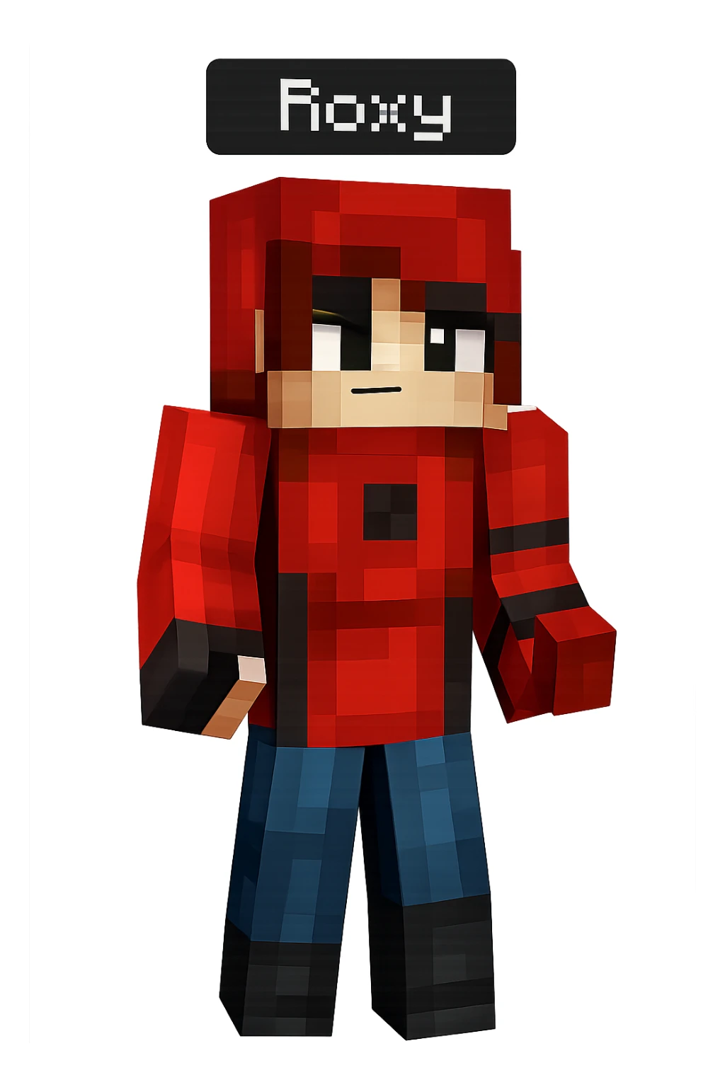 Extract the fourth character from the left with red hair and red outfit labeled 'Roxy' as a fully visible, separate image with a transparent background, keeping the original Minecraft cartoon style and appearance. sticker