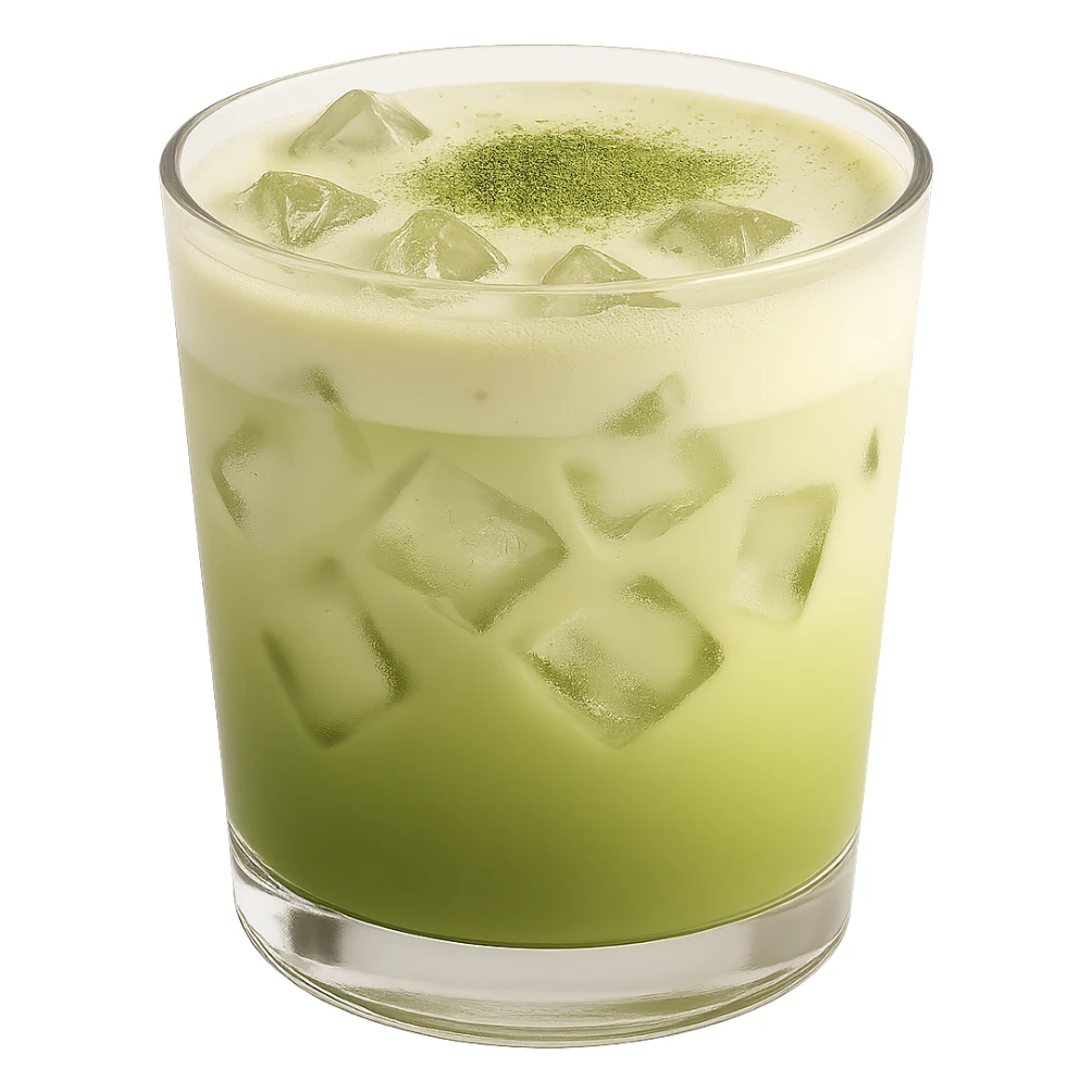 Add realistic ice cubes inside the matcha latte, keep the cute green-to-milk gradient and transparent cup, no background. Maintain the delicate and cozy look with a smooth gradient and transparent cup appearance. sticker