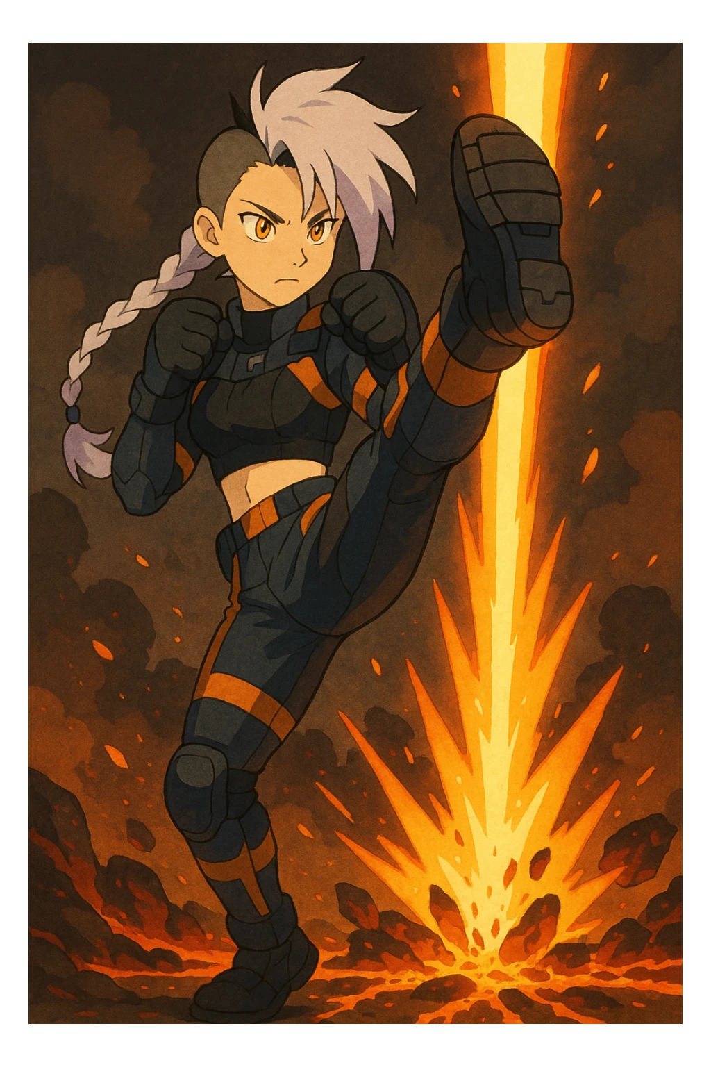 maiden, mohawk, long braid white hair with lavender and tips long messy bangs one side, gold yellow eyes, black crop top, with both fighting gloves up in defensive ready pose, delivering a lightning quick vertical upwards front kick with volcanic force, full defensive padding, TCTF operative, orange and dark dark blue + gray attire sticker