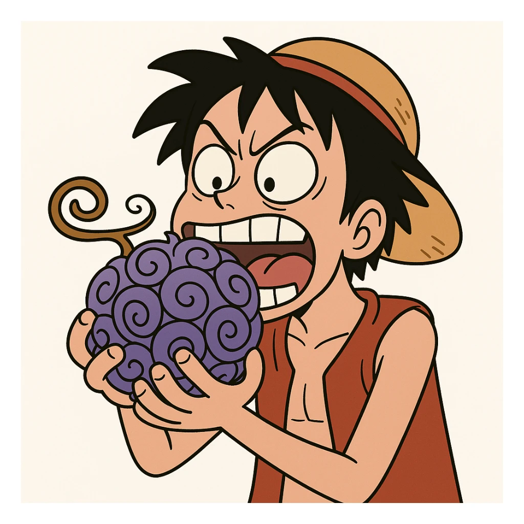 Luffy biting the gum gum fruit, cartoon style, saturated colors, white background sticker