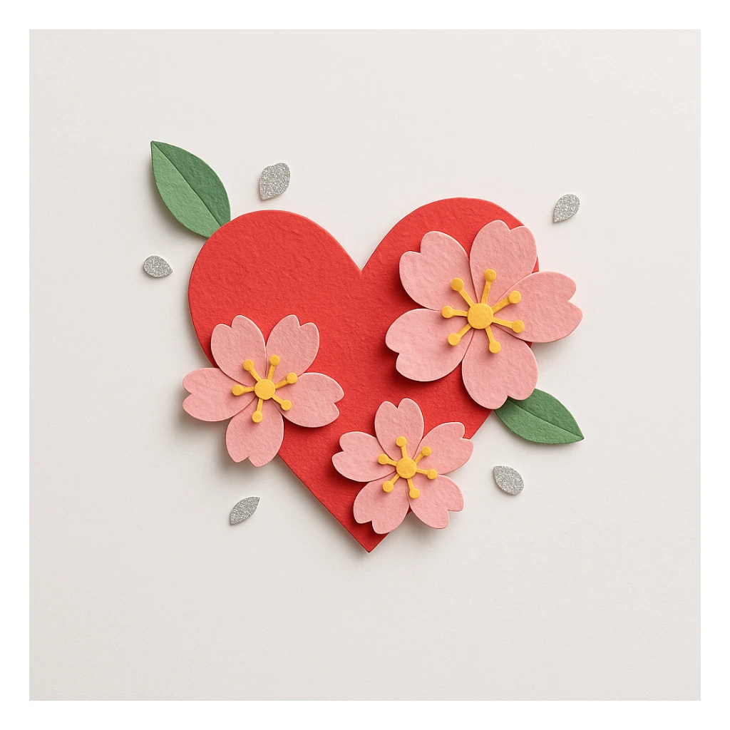 heart with sakura flowers and silver accents, paper craft style sticker