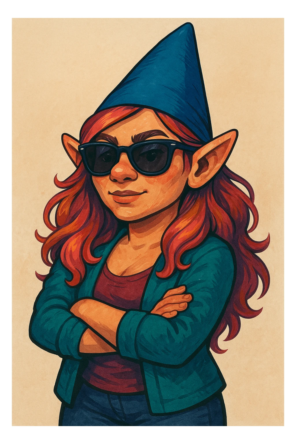 female gnome with sunglasses, modern illustration, confident pose sticker