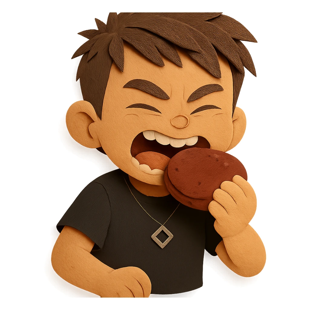 The same boy is now greedily chewing the meat patty sticker