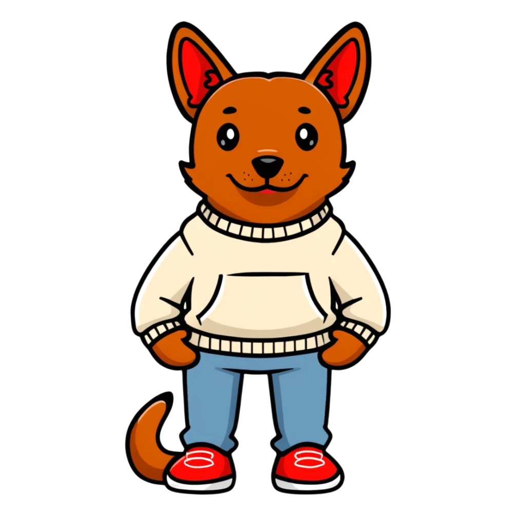 Brown dog standing upright with hands in jean pockets, wearing a white sweater and red shoes sticker