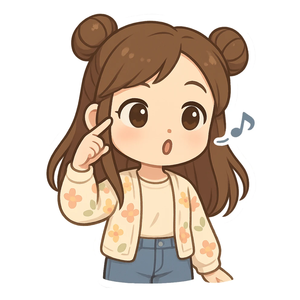 3D chibi style high-quality rendering smooth shadows soft gradients girl with long brown hair styled in two space buns brown eyes wearing jeans pastel floral cardigan thick white outline like a sticker transparent background spinning finger near temple whistling what a fool preserve facial features sticker