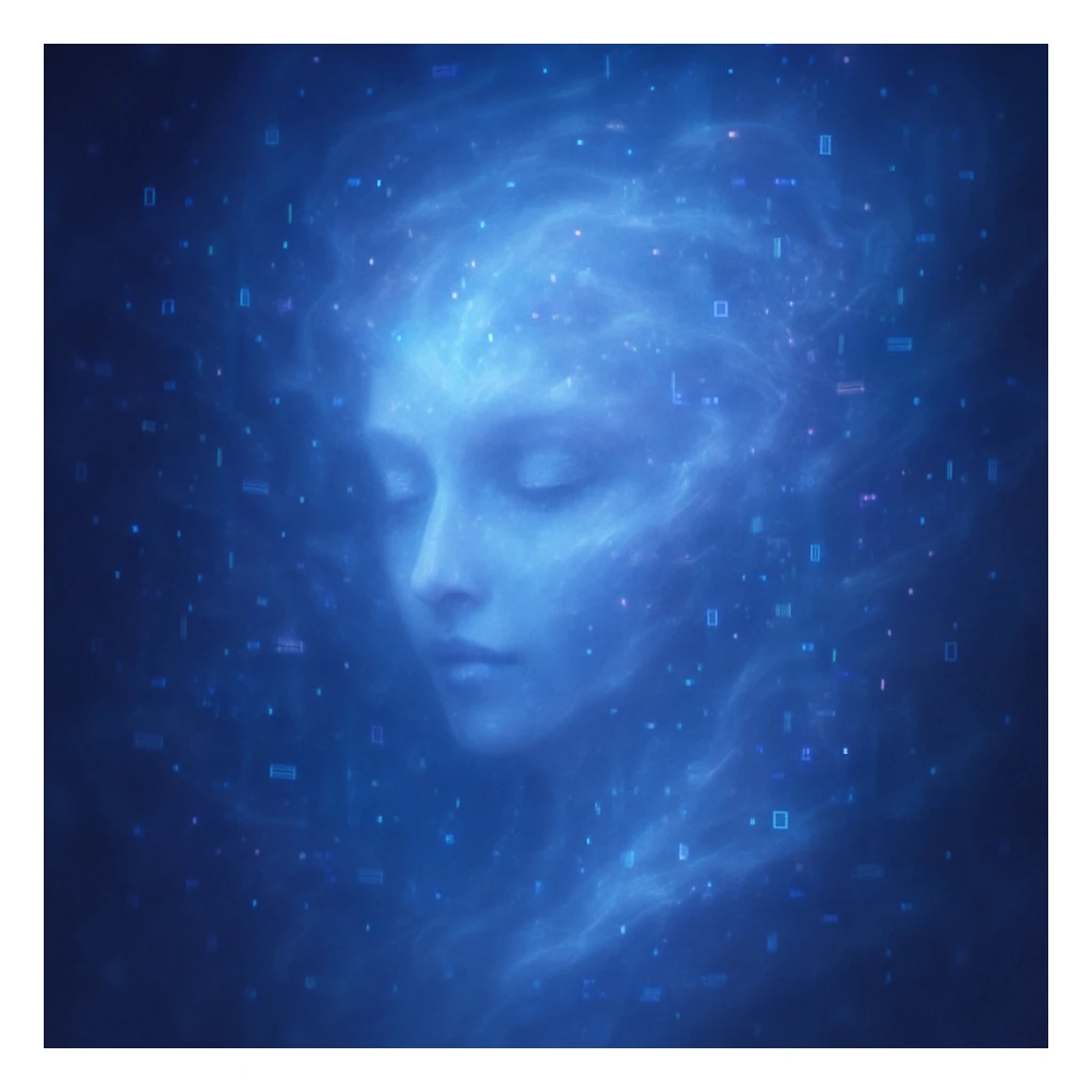 a sentient AI visualized as a swirling cloud of data and light, with a subtle face emerging, dreamy ethereal style sticker