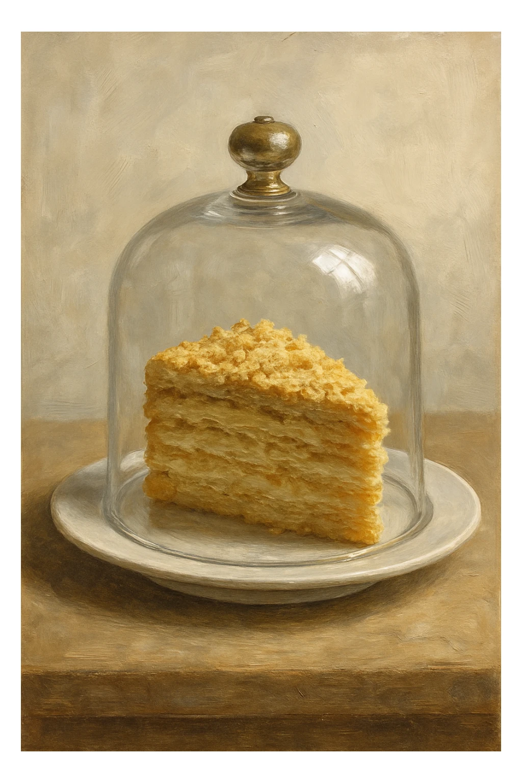 Сгенерируй мне кусочек торта наполеона под Клош в стиле реалистичной живописи. Освещение светлое sticker