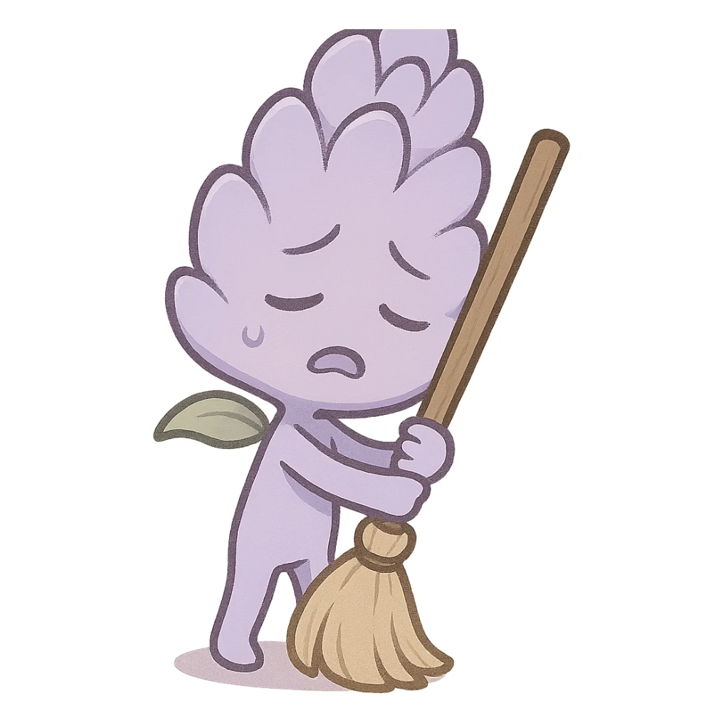 chibi style soft lavender flower, hugging a broom, exhausted expression, gentle purple, full-body sticker