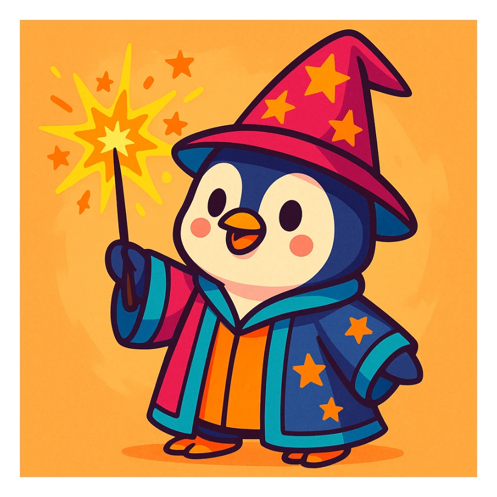 a cute penguin wizard casting a spell, wearing a robe and holding a wand, colorful cartoon style, vibrant toon style, bright and cheerful sticker