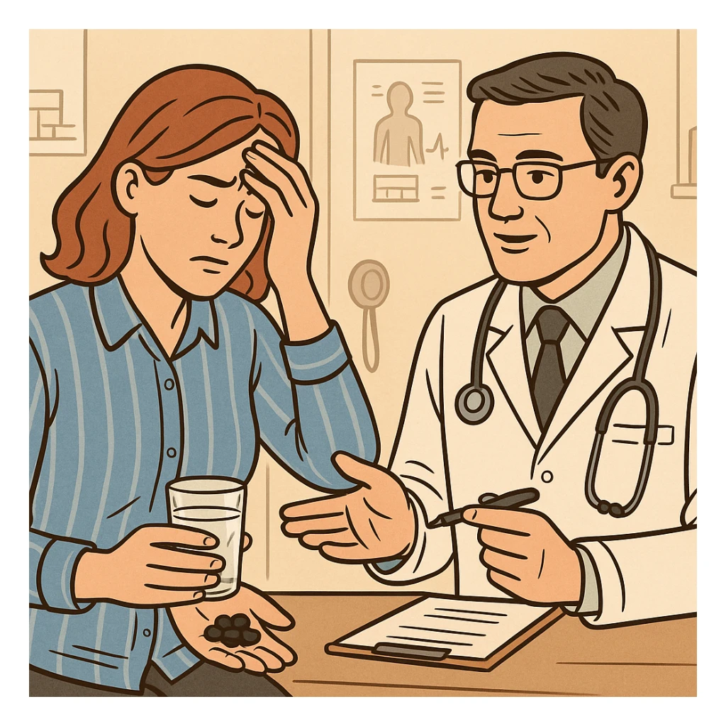A realistic or illustrative style image of a doctor in a white coat prescribing medicine to a woman holding her stomach or head in pain. The woman holds pills and a glass of water. The background is a clinic room, inspired by the reference image. sticker