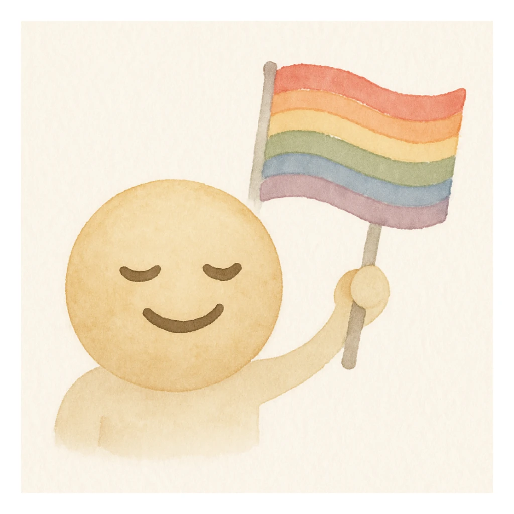 gay pride emoji with waving rainbow flag, soft edges, watercolor art style sticker