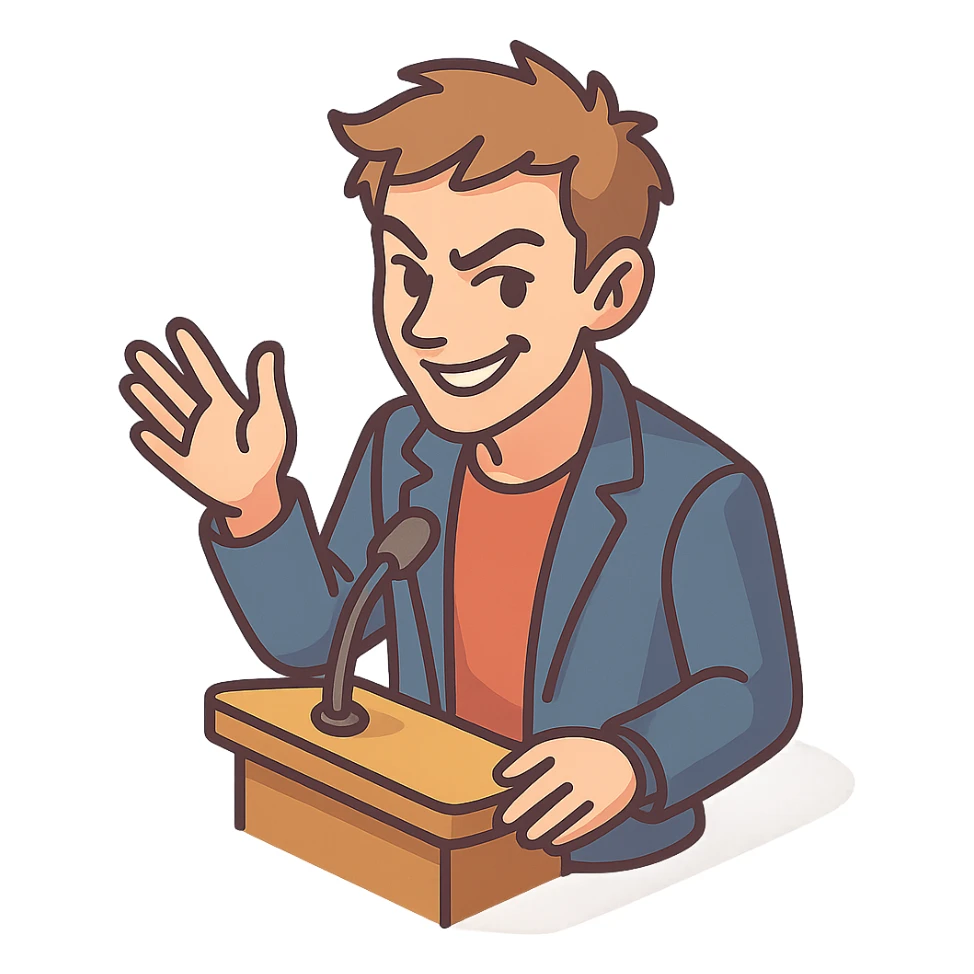 Lively and clever male debater, fair skin, short messy light brown hair, sharp eyes with a mischievous smile, wearing indigo blazer over a casual t-shirt, one hand raised mid-gesture, waist-up sticker