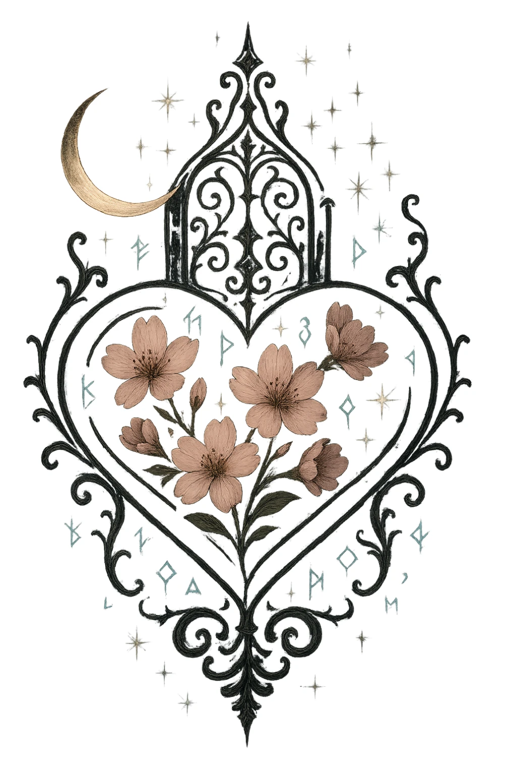 Make the goth sakura heart more mystical by adding glowing magical runes, more sparkling stars, a faint ethereal mist, and subtle moonlight effects. Keep the background transparent. Enhance the mystical and ethereal atmosphere while preserving the goth sakura heart style. sticker