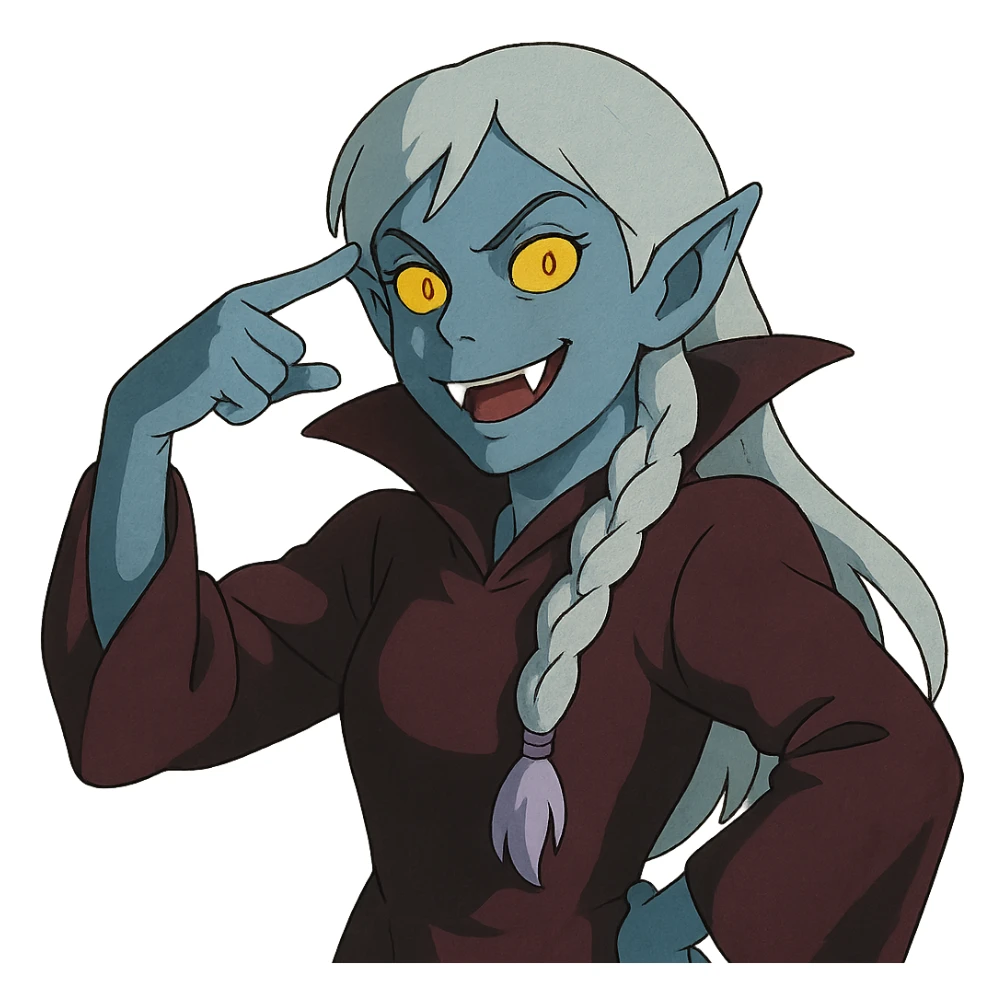 1 female, single long white braid with lavender tips. Vampire with blue skin and glowing gold yellow eyes. Meme pose sticker