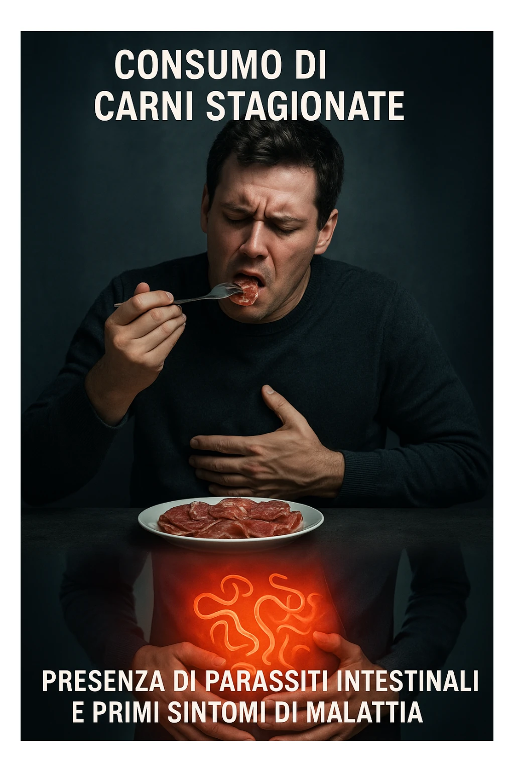 vertical realistic cinematic image of a man eating sliced cured meats, with a transition showing the appearance of intestinal parasites and early symptoms of illness, clinical dramatic lighting, Italian captions, aspect ratio 2:3 sticker