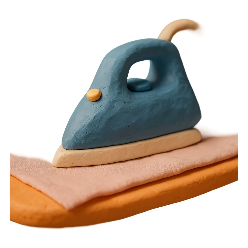 close-up of iron gliding over fabric on ironing board, soft lighting, pastel colors, claymation style sticker
