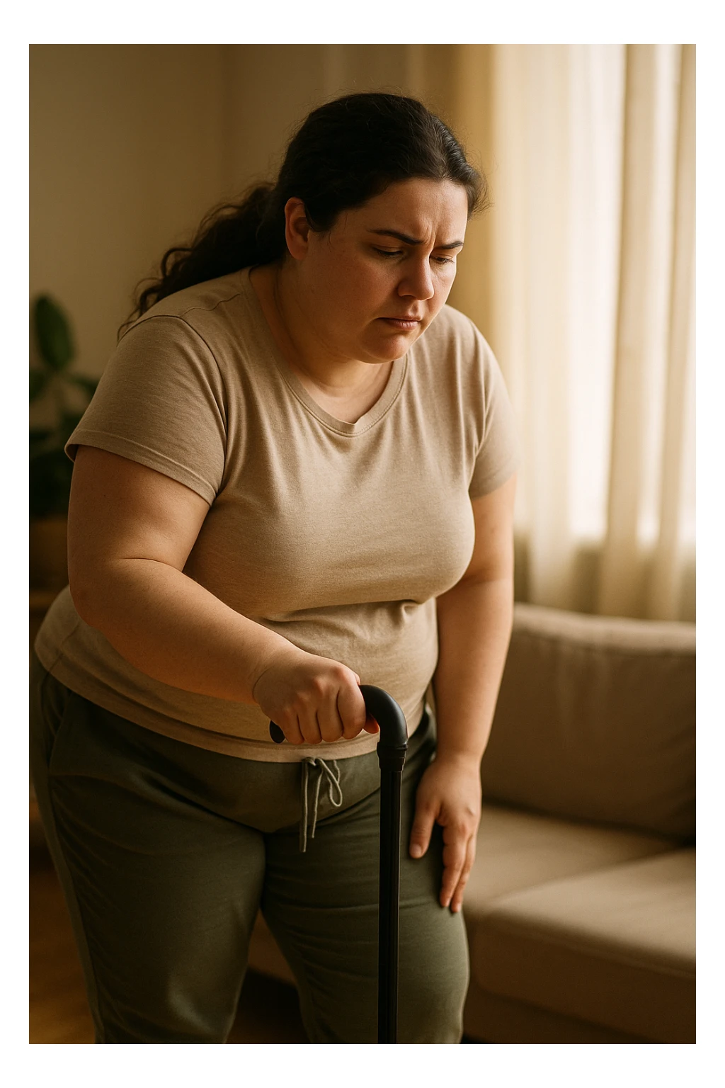 Donna con problemi difficoltà  nella mobilità a causa della sua PCOS, immagine realistica sticker