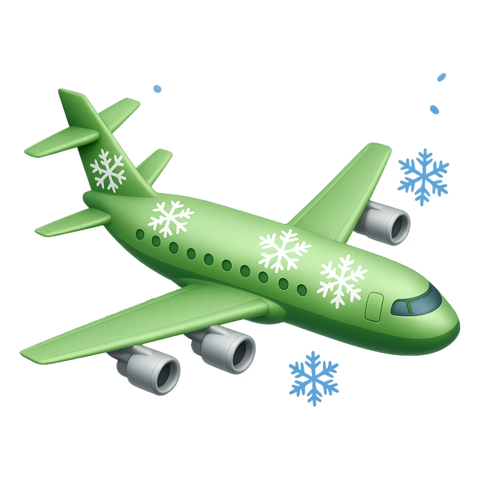 Make the airplane light green, keep the snow, and have no background. The style should maintain the original look with a transparent background. sticker