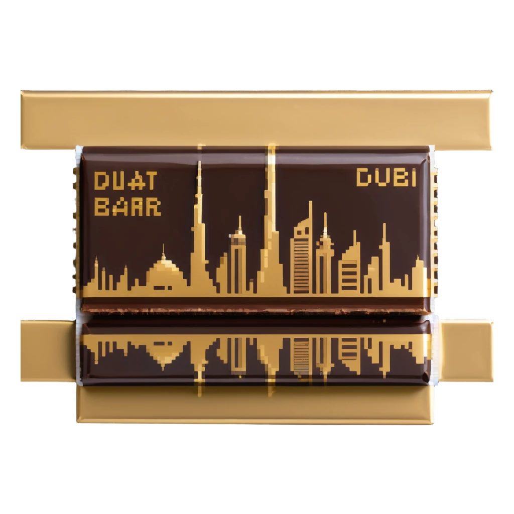 luxurious chocolate bar with Dubai skyline in gold sticker