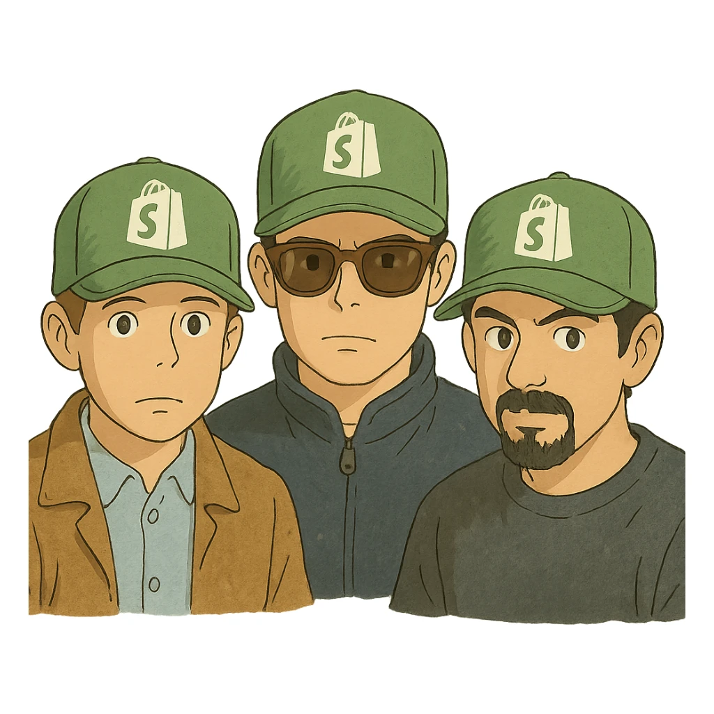 the Beastie Boys wearing hats with the Shopify logo sticker