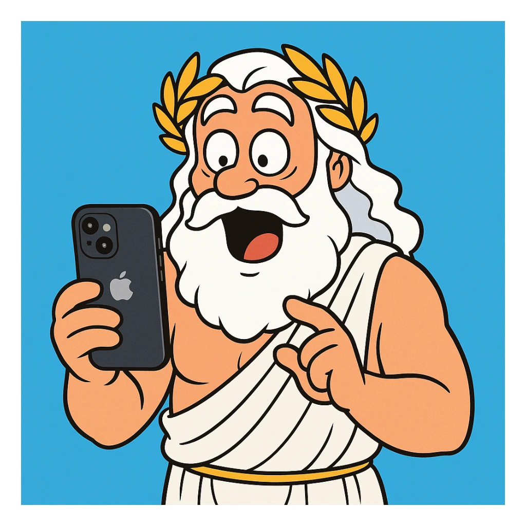 Zeus in a toga, surprised by an iPhone, humorous style sticker