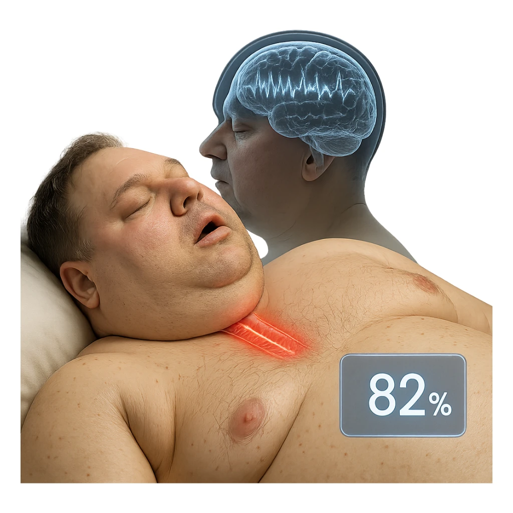 hyper-realistic medical CGI of overweight man sleeping on his back, airway compressed by neck fat, trachea walls glowing red, oxygen saturation 82%, brain scan overlay showing disrupted deep sleep cycles, 4K, clinical sticker