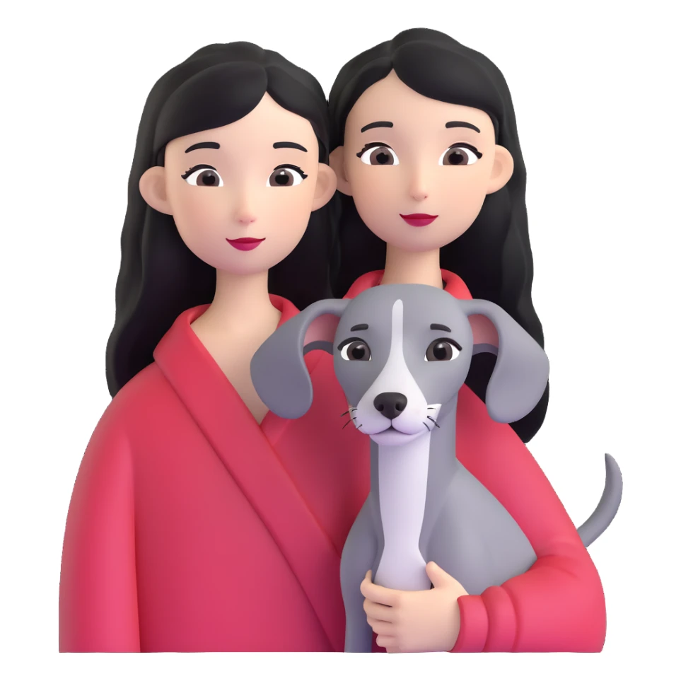 Slim Chinese girl with long black hair holding solid grey Italian greyhound with no white markings on nose sticker