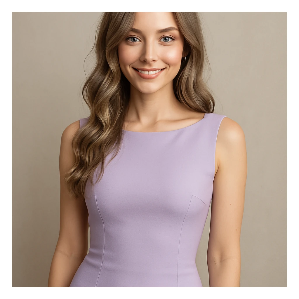 A chic, pretty woman smiling sweetly, with long, slightly curly light ash brown hair, blue eyes, nude lipstick, wearing a light purple (almost lilac) dress that fits snugly to her body, elegant and stylish vibe. sticker