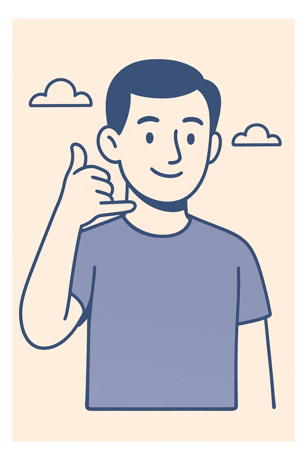 man making phone call gesture, smiling, head slightly tilted sideways, thumb and pinky finger forming phone sign, simple background, modern and clear style sticker