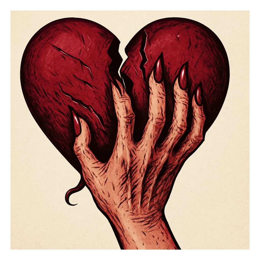 женская рука с маникюром вгоняет когти в винного цвета сердце и сильно раздирает царапает его (пальцы полусогнуты ногти вогнаны в царапины) рисованный стиль sticker